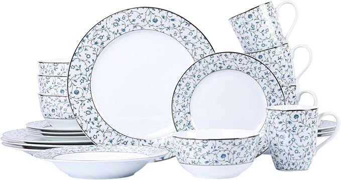 20-Piece Dinnerware Set for 4 - Blue and White Floral Design, Hand-Gilded Gold Rim