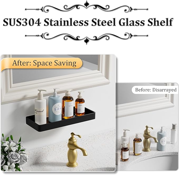 Alise Glass Bathroom Shelf, Black 11.8 Inch Rectangular Floating Shelves for Showers, Kitchens, SUS304 Stainless Steel Glass Shelf for Toilet, Room Decor
