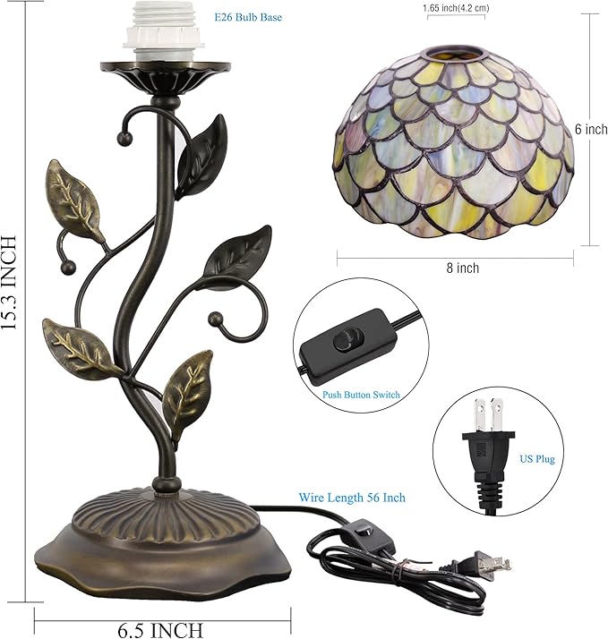 Small Tiffany Lamp Stained Glass Table Lamp Uplight Accent Lamp with Metal Leaf Base Yellow Fish Scales Style Desk Light 8X19 Inch for Home Office Living Room Bedroom