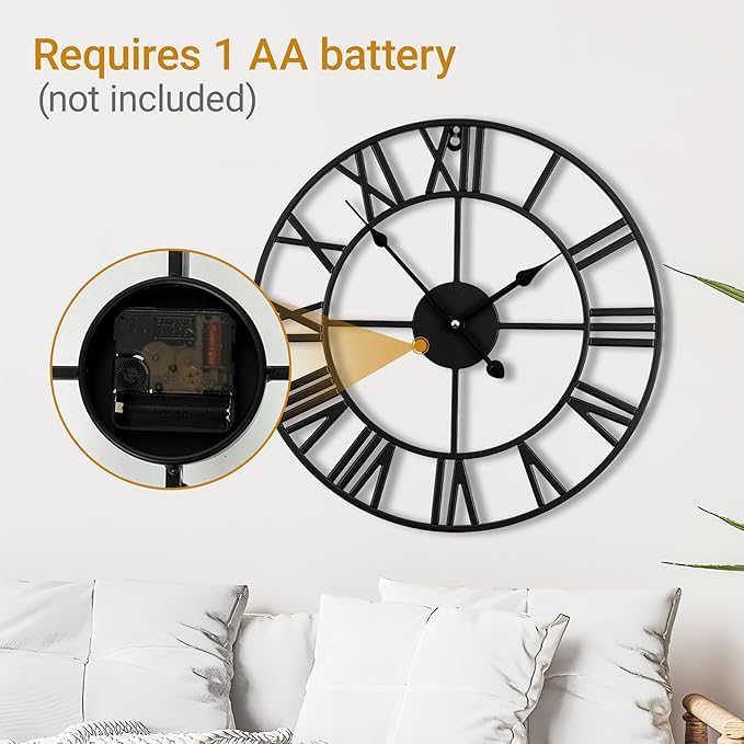 16inch/40cm Wall Clock for Bedroom,Living Room,Office,Bathroom,Battery Operated Large Silent Retro Unique Clocks for Home and Kitchen,Classroom,Farmhouse (Iron Roman Numerals, 16 inches)