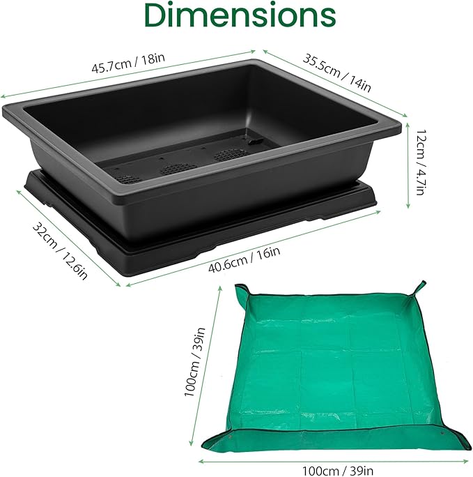 GROWNEER 3Pcs 18 Inch Bonsai Training Pots Large Bonsai Tree Starter Pot Kits with Drainage Humidity Trays & Repotting Mat, Flower Growing Planter Set for Garden Indoor Outdoor
