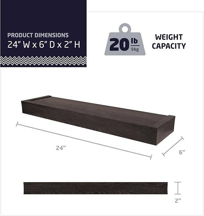 HIGH & MIGHTY 515659 Modern 24" Floating Shelf Holds up to 20lbs, Easy Tool-Free Dry Wall Installation, Flat, eCommerce Packaging, Espresso