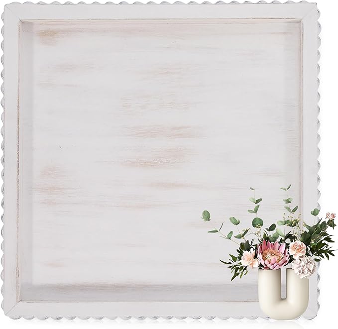 HPC Decor 12in Square Decorative Tray for Home Decor- White Wood Beaded Tray- Decorative Square Tray for Living Room Decor, Coffee Table Decor, Kitchen Table Decor or Farmhouse Serving Tray