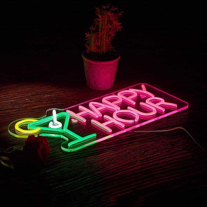 Cocktails Happy Hour Neon Sign for wall décor with Dimmable Switch LED Neon Signs Bedroom Beer Bar Neon Light Sign Hotel Party Club Office Art Lights.