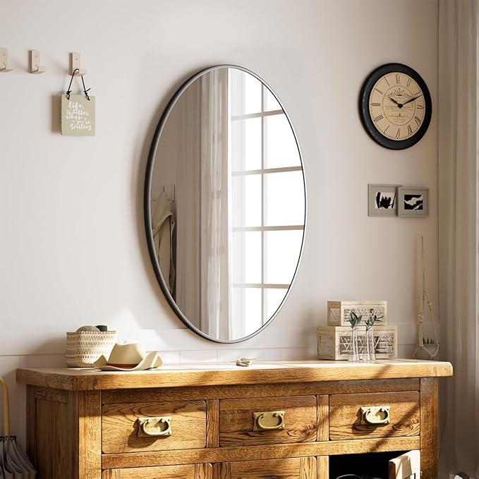 Black Oval Bathroom Mirror, 24 x 32 inch Modern Oval Wall Mounted Vanity Mirror with Tempered Glass Hanging Horizontally or Vertically, Black