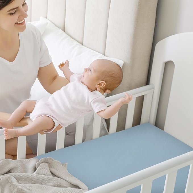 Pack and Play Sheets Fitted, 2-Pack Mini Crib Sheets - Pack N Play Sheets, Organic Fitted Crib Sheet for Pack and Play Mattress, Playard Baby Crib Sheets, Crib Sheets Neutral for Boys, Girls (Steel)