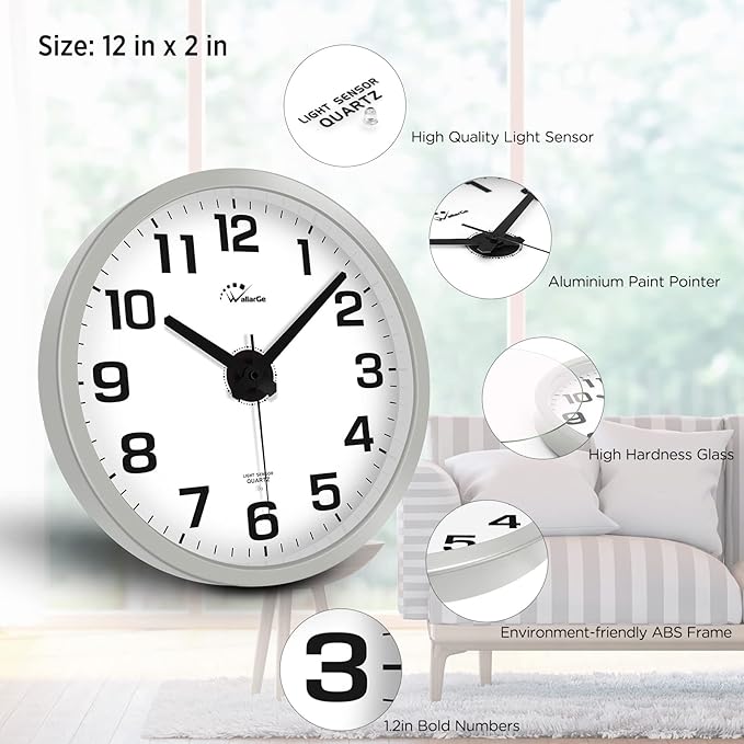 WallarGe Night Light Wall Clock for Bedroom - Silent Lighted up Wall Clock Glow in The Dark, Battery Operated Wall Clocks for Living Room/Kitchen, Easy to Read Large Digital Display, 12 Inch