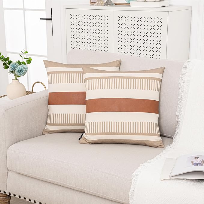 Farmhouse Decorative Throw Pillow Covers 18x18 Neutral Boho Cushion Cover Faux Leather Accent Pillowcase,Tan and Beige (Cover ONLY, Pack of 2)