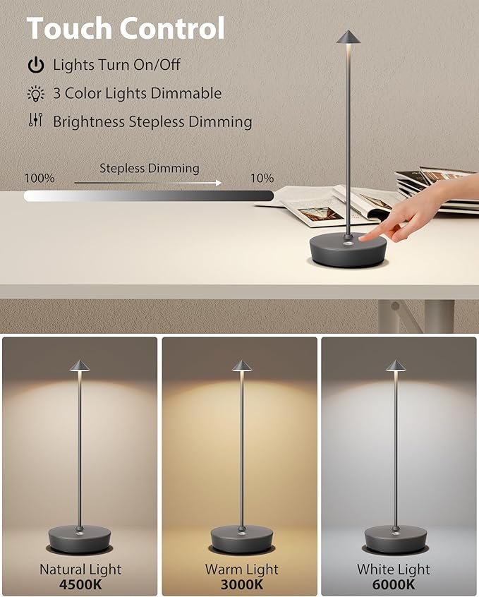 Cordless Table Lamps Rechargeable, 6000mAh Battery Operated LED Desk Lamp Outdoor Waterproof Portable Touch Dimmable Table Light for Patio Restaurant Dining Home Grey