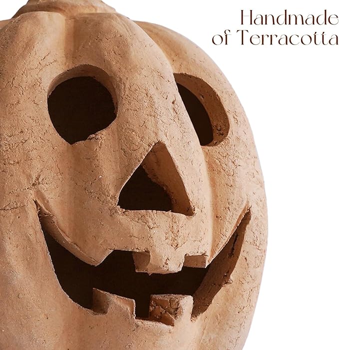 Fall Decor - Halloween Decorations - Handmade Terracotta Pumpkin Jack O' Lantern Outdoor Indoor - Cute Halloween Autumn Farmhouse Table Festival Decoration for Home Porch Front Door Mantel Room(Small)