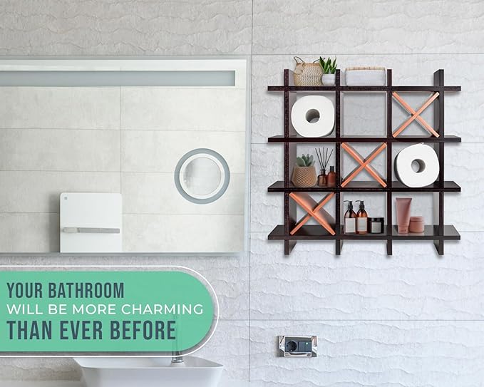 Rustic Tic-Tac-Toe Toilet Paper Holder for Bathroom – Rustic Storage Shelves for Toilet Tissue in Distressed White Color – Freestanding or Wall Mount Bath Shelves for Your Farmhouse Decor