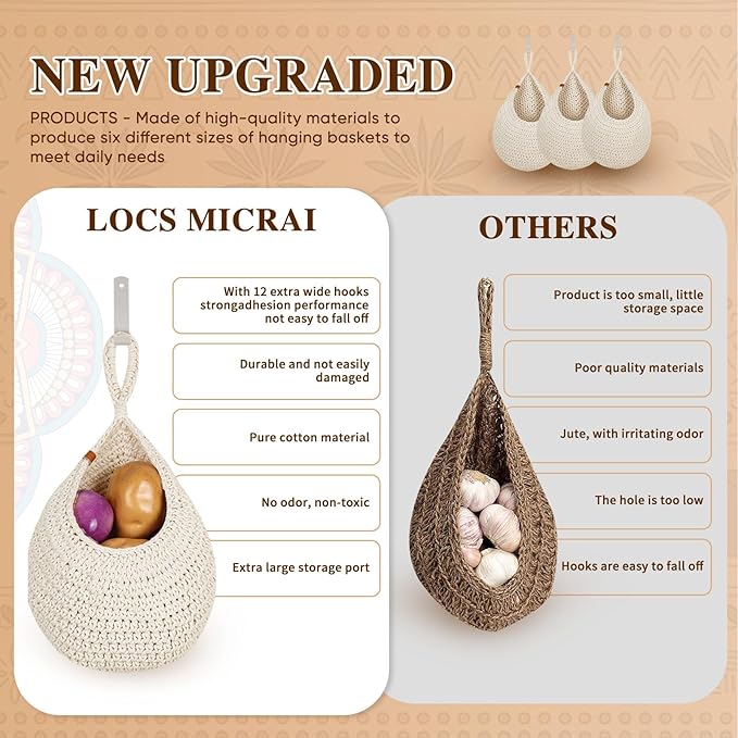 Hanging Fruit Baskets for Kitchen - 6 Pack Boho Wall Hanging Basket,Handwoven Wall Fruits Basket,for Garlic Potato Vegetable Onion Teardrop Home Hanging Storage Baskets(White Classic)