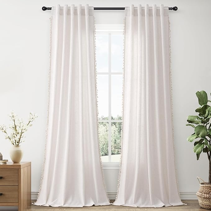 Boho Linen Curtains 90 Inches Long 2 Panels Cream Beige Semi Sheer Curtains Tassel Rod Pocket Back Tab Top Light Filtering Neutral Farmhouse Curtain for Living Room Bedroom 38x90