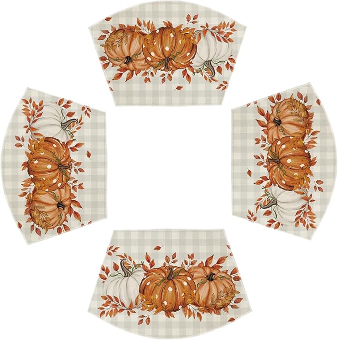 Artoid Mode Orange Buffalo Plaid Pumpkin Leaf Round Table Wedge Placemats Set of 4, Seasonal Fall Kitchen Dining Table Decoration for Indoor Party Home