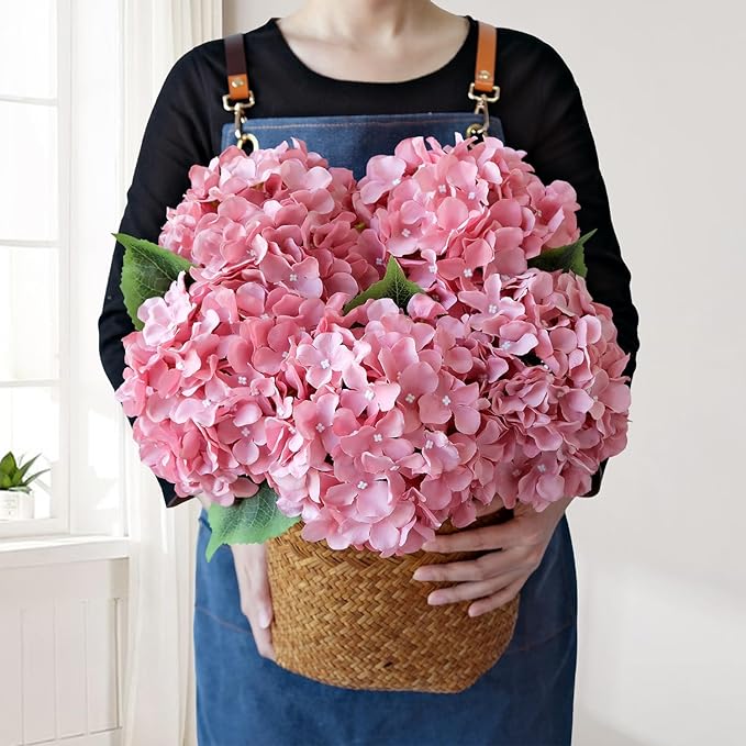 5Pcs 20Inch Large Pink Silk Hydrangea, Cameo Brown Lifelike Artificial Flower Heads with Stems Fake Hydrangeas Flowers for DIY Wedding Baby Showers Centerpiece Home Decor