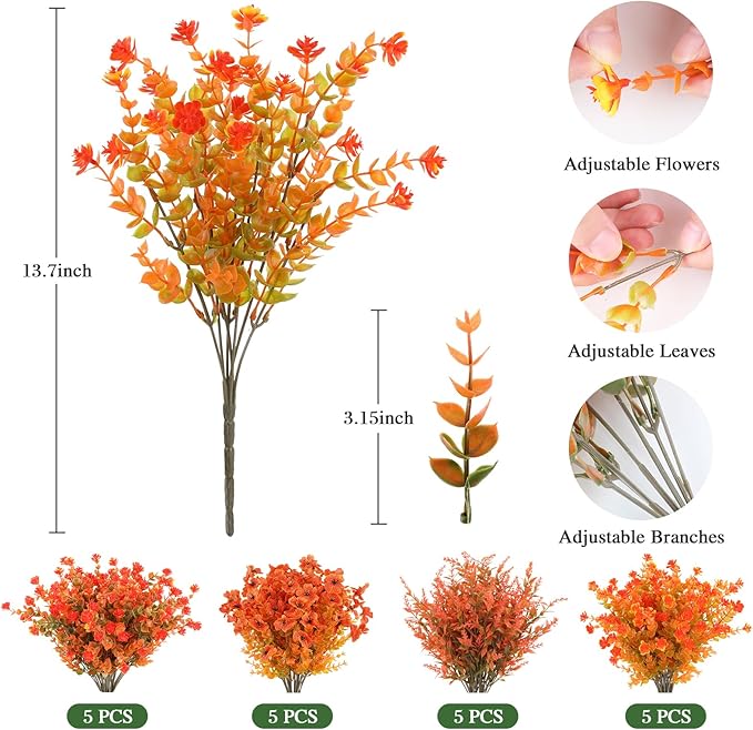 AmyHomie 20 Bundles Mix Orange Artificial Fall Flowers for Outdoor Fall Decor UV Resistant Fake Mums No Fade Fake Plastic Plants Garden Porch Window Box Decorating