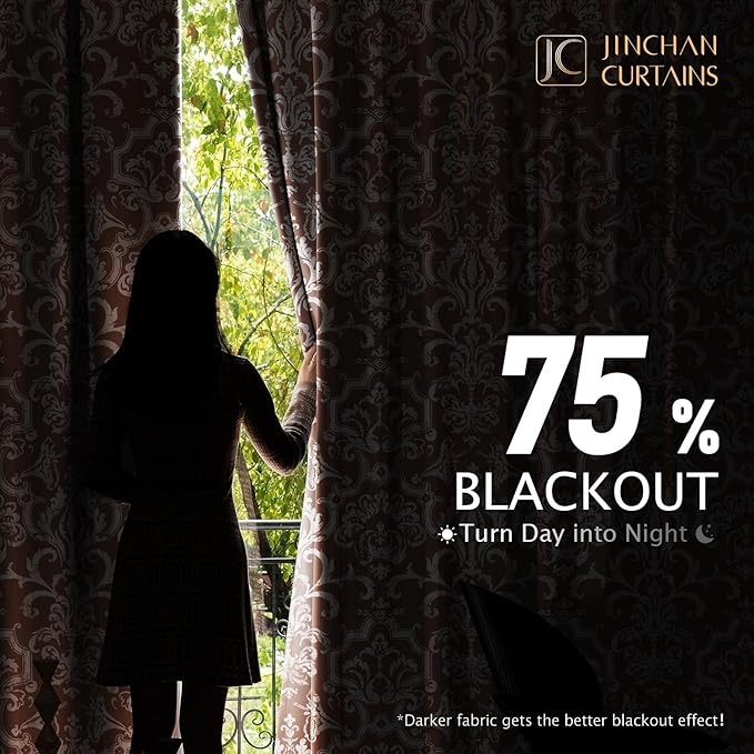 jinchan Room Darkening Curtains for Bedroom Brown Damask Patterned Curtains 108 Inch Length for Living Room Linen Textured Vintage 9FT Long Drapes Medallion Window Treatments Grommet Top 2 Panels Set