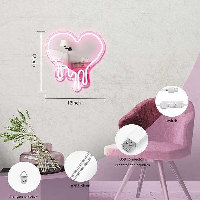 DECANIT Heart Neon Sign - Heart-Melting Wall Decor, USB Powered LED Light in Pink, 12"x12" Decorative Wall Mirror.Ideal for Bedroom, Girls Room, Party, Studio, Store Decor. Great Birthday Gifts