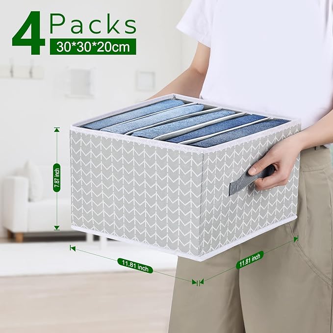 Clothes Organizers and Storage - Fabric Jeans Organizer with Handles, Foldable Drawer Dividers for Clothes, Closet Shelf Organizer for Shirts, Bra, Sweater, Scarf, 4 Pack, Arrow