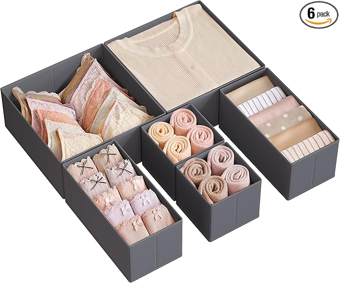 SONGMICS Drawer Organizer, Dresser Drawer Organizers, Set of 6, Foldable Fabric Storage Bins for Socks, Underwear, Bras, Ties, Scarves, Slate Gray URDZ06GV1