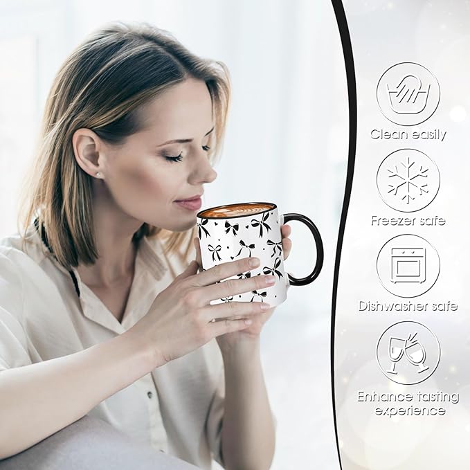 Sliner Black Coquette Bow Coffee Mug Wedding Bridal Shower Gift Set Engagement Gift Ideas 11oz Aesthetic Ceramic Cup with Bow Keychain and Spoon Preppy Mug for Women Bride Christmas Birthday