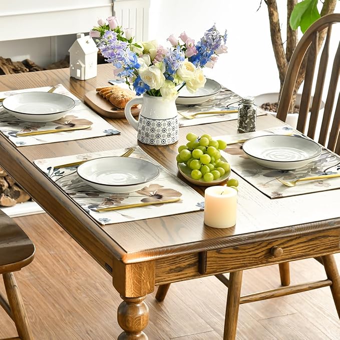 Artoid Mode Brown Poppy Floral Leaves Placemats Set of 6, 12x18 Inch Seasonal Summer Table Mats for Party Kitchen Dining Decoration