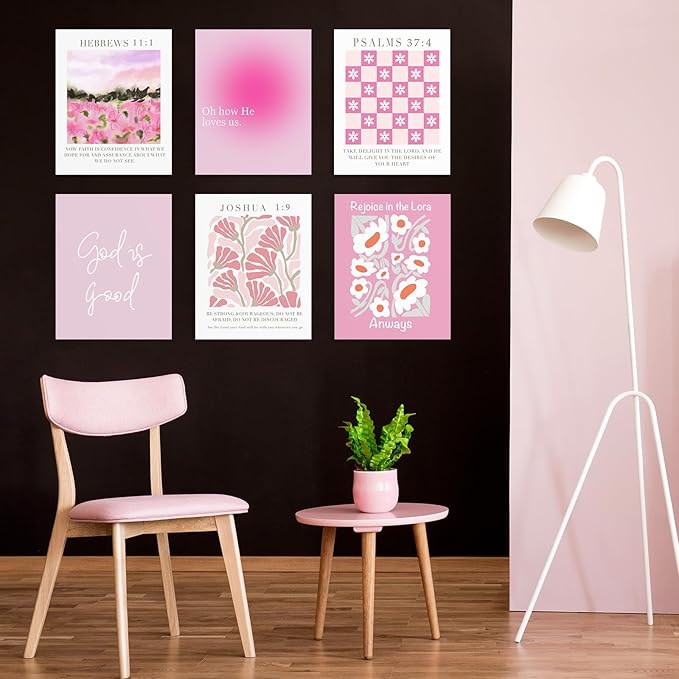 Habseligkeit Unframed Pink Gradient Room Decor, Pink Flower Wall Art Prints, Posters for Girls Dorm Aesthtic, Danish Pastel Wall Decor 8X10in, Set of 6
