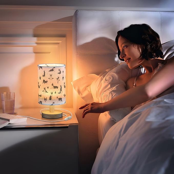 Table Lamp Boston Terrier Dog Do Yoga Pattern Nightstand Lamp with Wood Base Fabric Lamp Shade Bedside Desk Lamp for Living Room Bedroom Kids Room Office