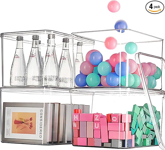 Clear plastic storage bins with LIDS-4packs,storage containers for snacks, cosmetics, books, dog food, Storage Organizer for Nursery,Kitchen, Living room,Bedroom, Bathroom, Office
