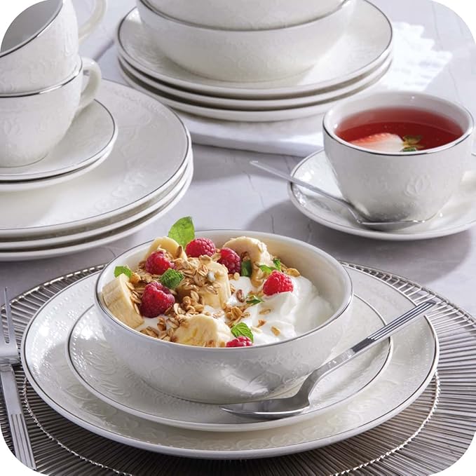 Corona 20–piece Silver-Rim Elegant Embossed Floral Pattern Ceramic Dinnerware Sets, Plates Bowls and Cups, Service For 4, Harmony