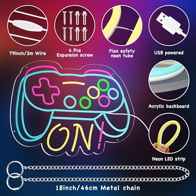 Gamer Neon Sign for Boys Gaming Room Bedroom Wall Decor, Gifts for Teen Kids, Video Game LED Light for Men, Gamepad Shaped Dimmable USB Powered Neon Lamp Game Room Accessories (16 X 12.5 inches)