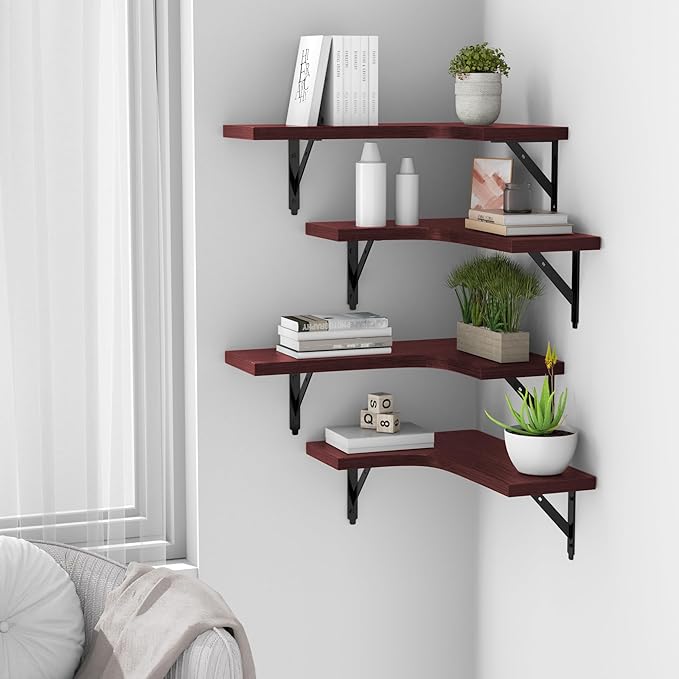 Corner Floating Shelves Wall Mounted Set of 4, Rustic Wood Storage Display Wall Shelves for Home Decor, Bathroom, Kitchen, Bedroom, Living Room, Office (Red)