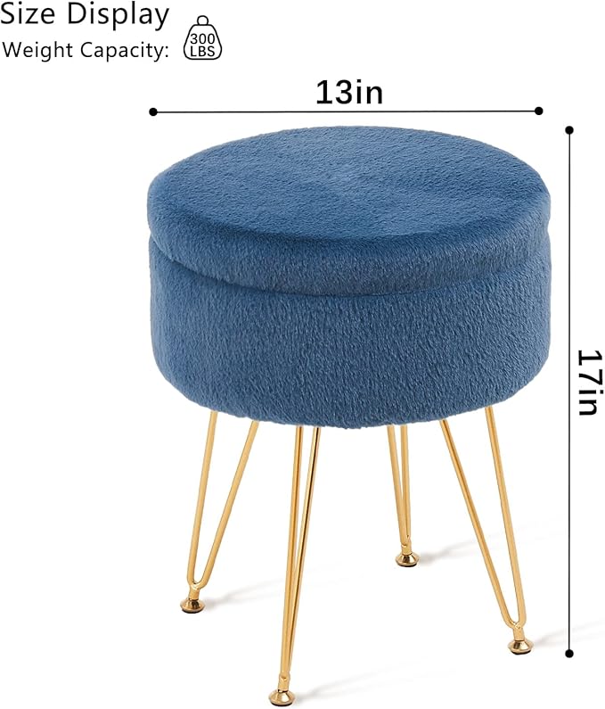 Cplxroc Footrest Footstools Round Faux Fur Ottoman with Storage Space Soft Vanity Chair Seat Coffee Table Ottoman Small Side Table Metal Legs with Adjustable Footings