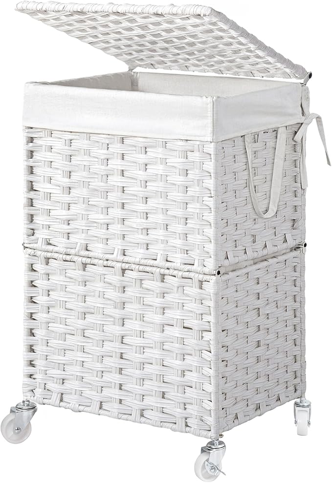 Chrislley 90L Slim Laundry Hamper with Wheels,Rolling Laundry Basket with Lid and Renovable Liner Bag,Handwoven Rattan Organizer for bedroom, bathroom, laundry room (White)