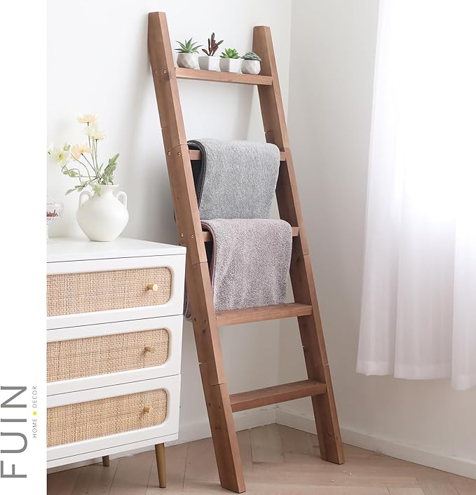 FUIN 5ft (58") Wood Blanket Ladder Living Room Decorative Wall Leaning Farmhouse Quilt Display Holder Shelf Rustic Wooden Towel Rack for Bathroom, Brown