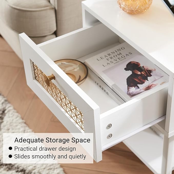 Mid Century Modern End Table Set of 2, Side Table with Charging Station - Small Nightstand with USB Ports & Outlets, Storage Drawer & Open Shelf, White Wood Furniture for Living Room, Bedroom, Office