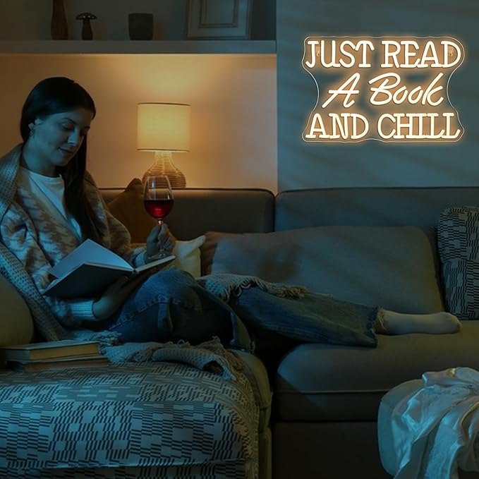 NEONLOVE Neon Sign Just Read A Book And Chill Neon Lights White LED Neon Signs for Wall decor LED Sign with Dimmable Switch Neon Light Up Sign for Classroom Bookstore Library Study Room Reading Party