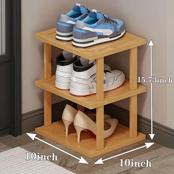 Bamboo Shoe Rack 3Tier- Vertical Shoe Rack for Small Spaces, Tall Narrow Shoe Rack Organizer for Closet Entryway Corner Garage and Bedroom,Skinny Shoe Shelf with Free Stackable DIY