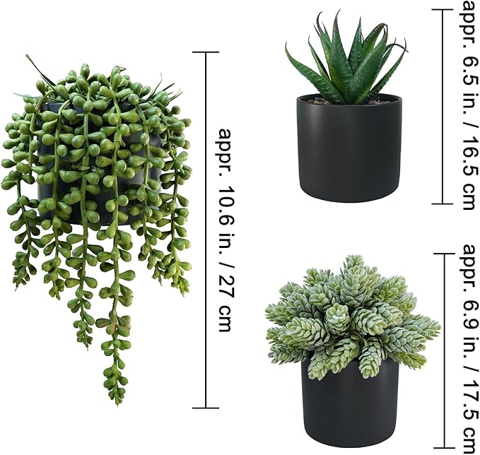 Winlyn Set of 3 Small Artificial Potted Succulent Plants Faux Aloe Hops String of Pearls Succulents in Black Cylinder Pots for Gift Home Office Bathroom Indoor Outdoor Table Shelf Windowsill Décor