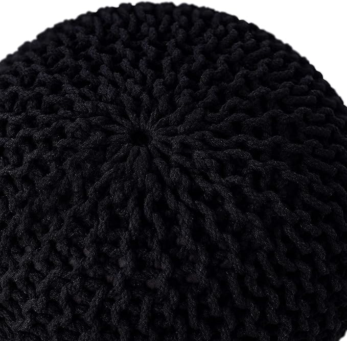 FRELISH DECOR Round Pouf Ottoman Hand Knitted 100% Cotton Pouf Foot Stool - Knitted Bean Bag - Floor Chair for Living Room Bedroom - Foot Rest for Couch (20 Diameter x 14 Height) - Black