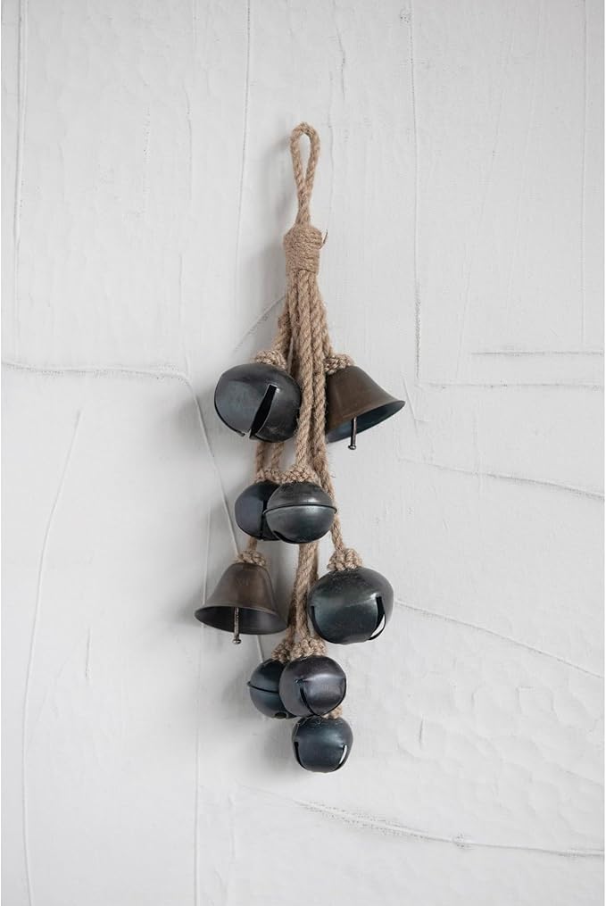 Creative Co-Op Decorative Metal Bells in Various Shapes on Jute Rope Hanger Wall Hangings, Black, 3.00" x 15.00"