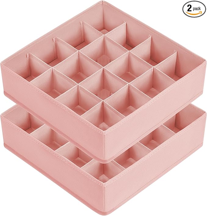Joyoldelf Sock Drawer Organizer Divider, 16-Cell Underwear Organizers and Storage Fabric Drawer Organizer for Socks, Lingerie, Ties, 2 Packs Pink