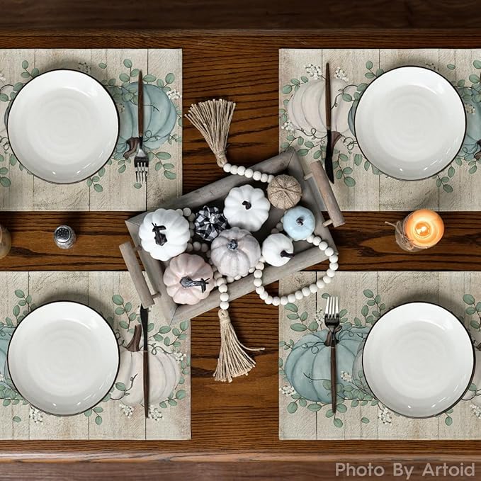 Artoid Mode Wood Pumpkins Harvest Vintage Fall Placemats Set of 4, 12x18 Inch Eucalyptus Leaves Autumn Thanksgiving Table Mat for Party Dining Decoration