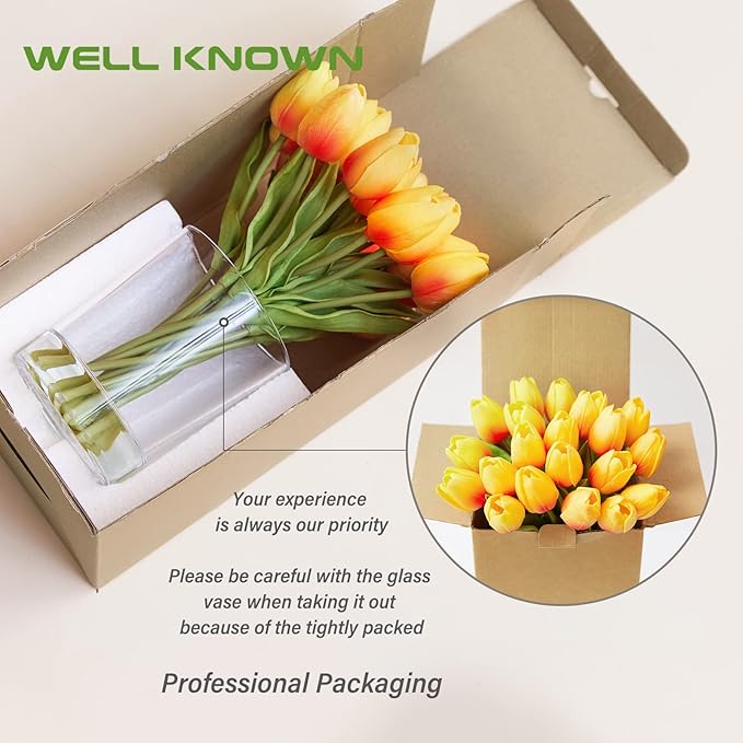 WELL KNOWN 20 Pcs Tulips Artificial Flowers in Vase with Faux Water, Faux Tulips Real Touch, Floral Arrangements Artificial with Vase Centerpiece for Bathroom Home Decoration Orange