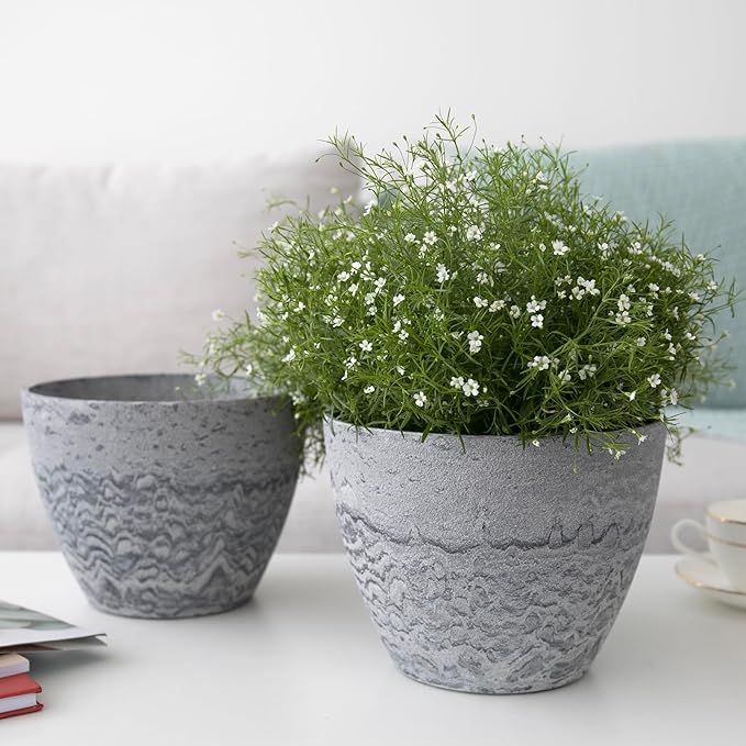 LA JOLIE MUSE Flower Pots Outdoor Garden Planters, Indoor Plant Pots with Drainage Holes, Plastic, Marble Pattern Grey, Set 2 (7.5 + 7.5 Inch)