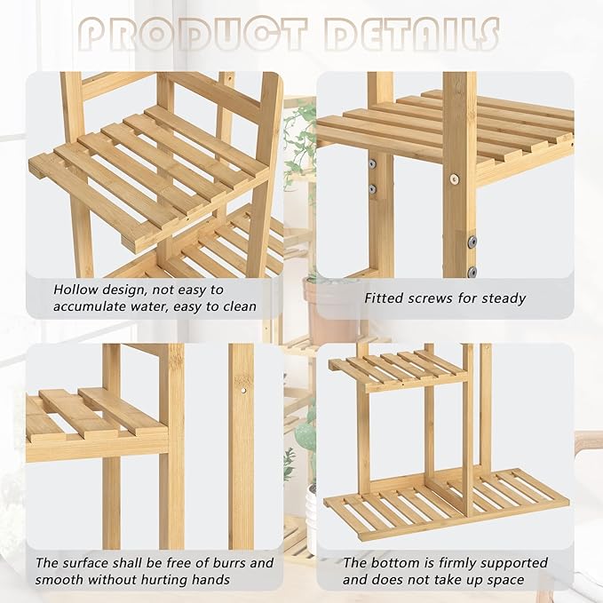 Laiensia Bamboo 5 Tier 6 Potted Plant Stand Rack Multiple Flower Pot Holder Shelf, Indoor&Outdoor Planter Display Shelves for Patio Garden, Living Room, Corner Balcony and Bedroom,Wood Color