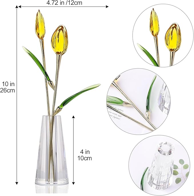 LONGWIN Crystal Tulips Flower Figurine Collectible with Vase Glass Spring Bouquet Flowers with Stem Home Decor Gift for Women Mom