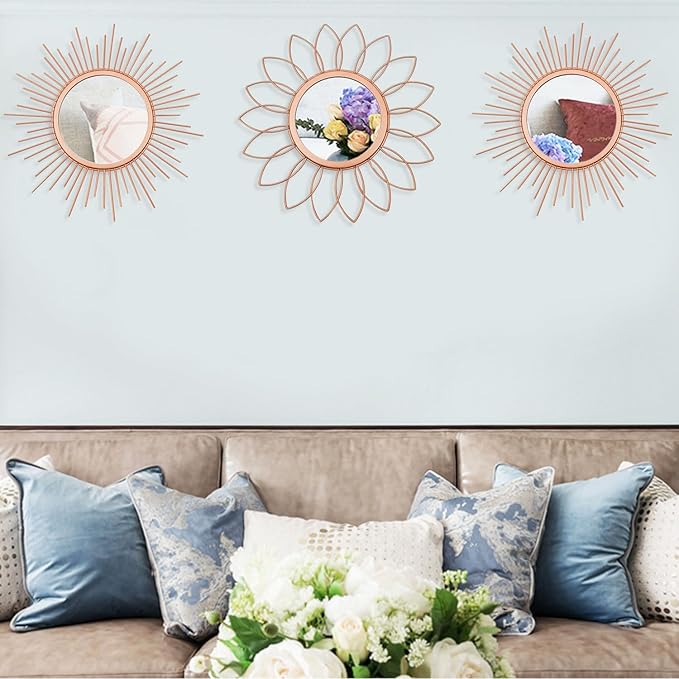 3 Pack Metal Mirrors for Wall Sunburst Wall Mirrors Home Décor Decorative Hanging Wall Art for Living Room Bedroom Entryway (Rose Gold, Flower+Sunburst)