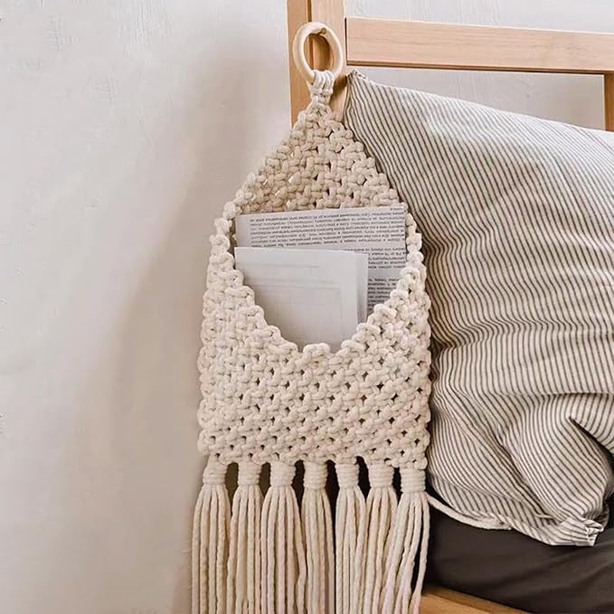 Macrame Mail Organizer Wall Mounted, Handmade Hanging Woven Basket for Boho Home Office Decor, Over the Door Key Letter Envelope File Holder for Entryway Hallway, White