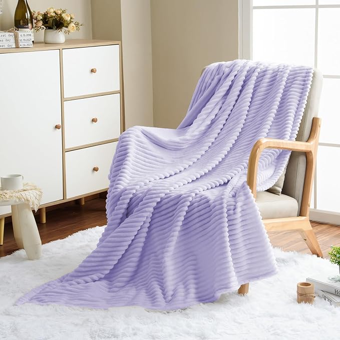 Vessia Flannel Fleece Throw Blanket for Couch,Sofa,Bed, 300GSM Microfiber Light Purple Striped Chair Blanket,Super Soft Warm Cozy Lightweight Ribbed Throw for All-Season